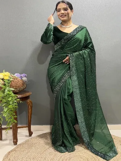 1 Min Green Rangoli Silk Stitched Readymade Saree With Velvet Blouse