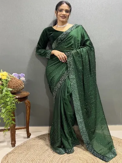 1 Min Green Rangoli Silk Stitched Readymade Saree With Velvet Blouse