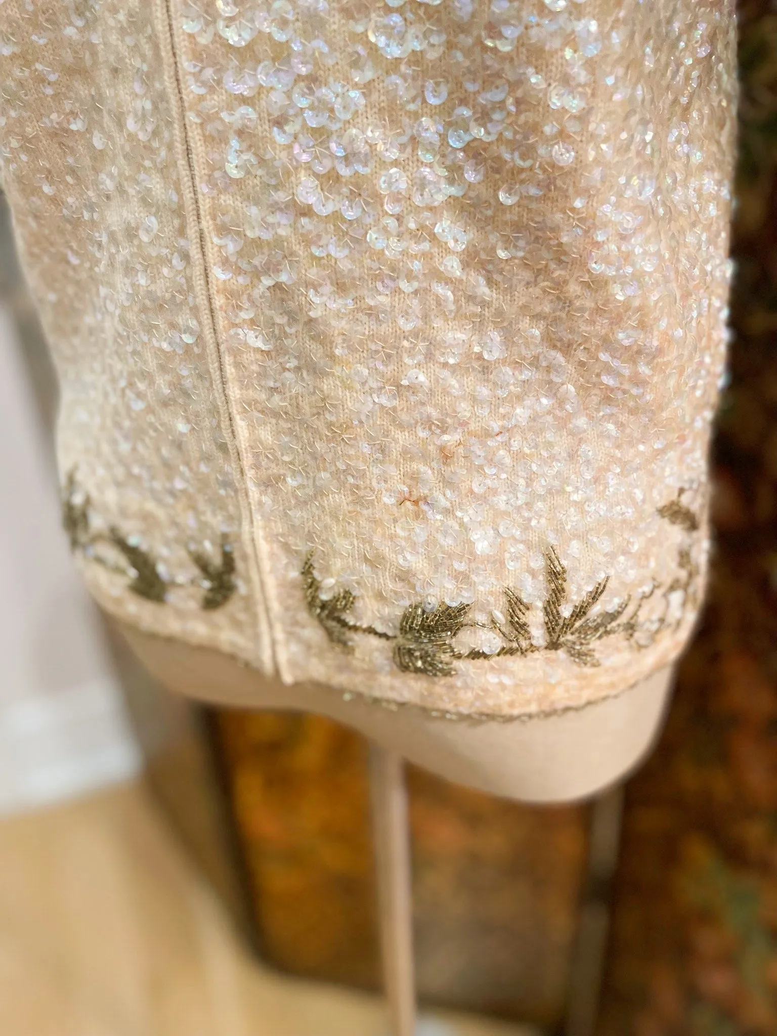 1960s Beige Grecian Pattern Sequin & Beaded Wool Tank