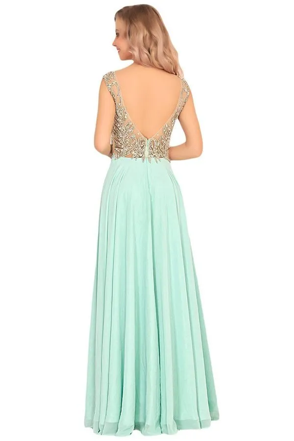 2024 Open Back V Neck Beaded Bodice Prom Dresses A Line Chiffon PAEP4SZ1