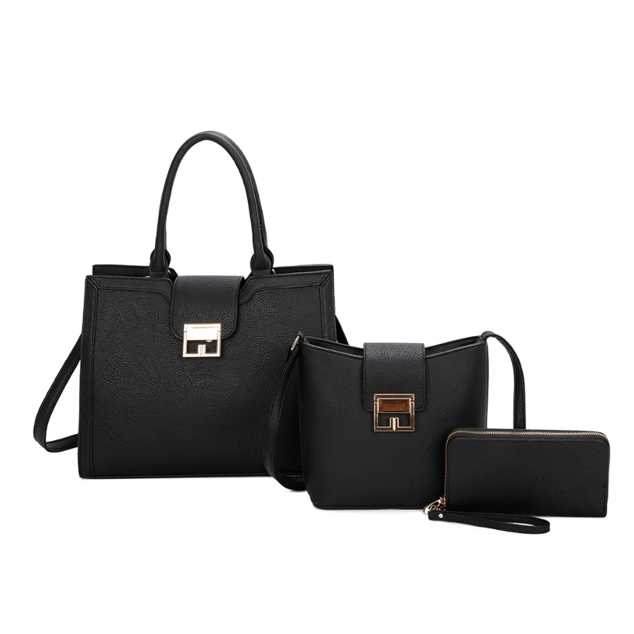 3-in-1 Buckled detail tote set - black