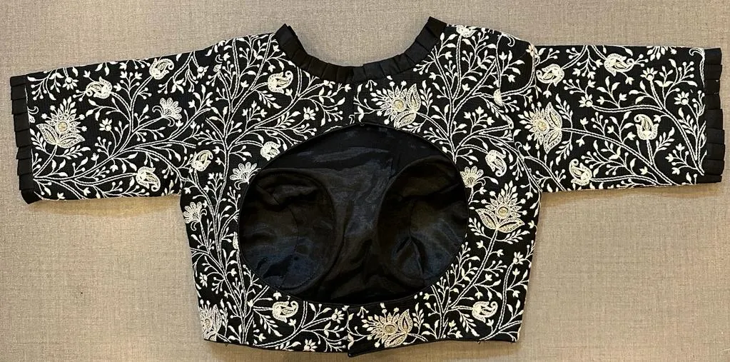 50V357-RO Black Saree Blouse with White Floral Embroidery