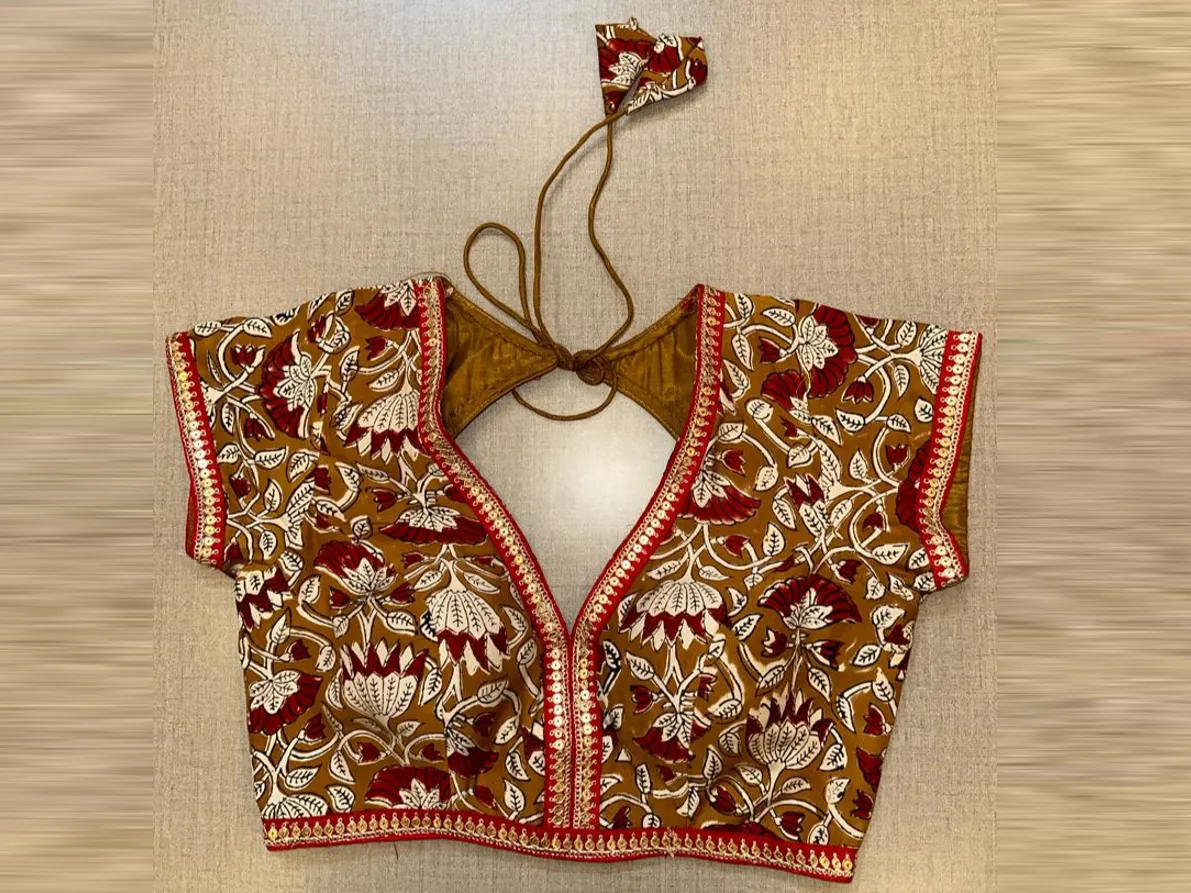 50V523-RO Brown Printed Saree Blouse With Sequin Lace