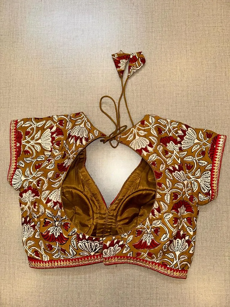 50V523-RO Brown Printed Saree Blouse With Sequin Lace