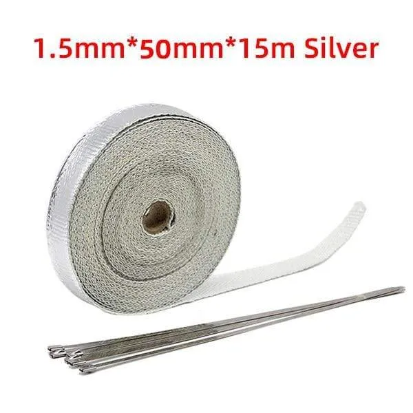 5cm*5M/10M/15M/20M Exhaust Heat Wrap Thermal Tape Fiberglass Heat Wrap Manifold Insulation Roll Resistant with Stainless Ties