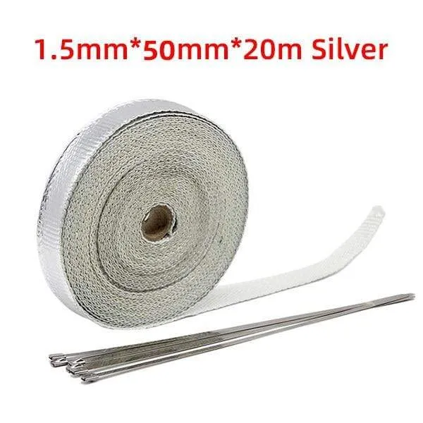 5cm*5M/10M/15M/20M Exhaust Heat Wrap Thermal Tape Fiberglass Heat Wrap Manifold Insulation Roll Resistant with Stainless Ties