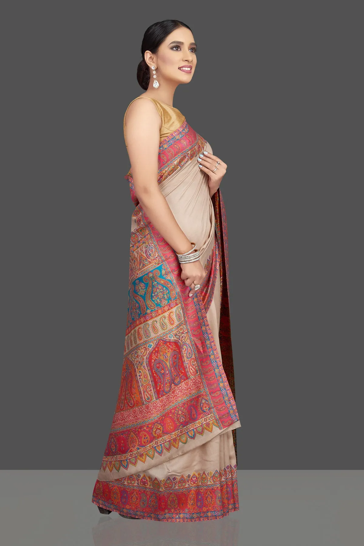 90K788-RO Cream Tussar Silk Saree with Kani Embroidery