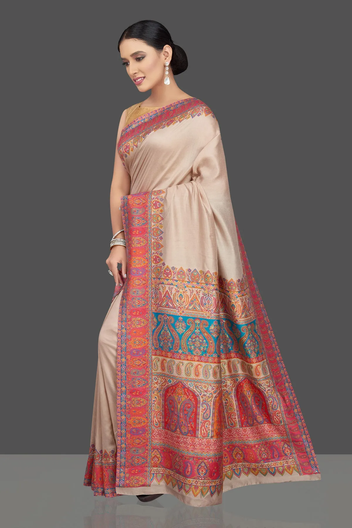 90K788-RO Cream Tussar Silk Saree with Kani Embroidery