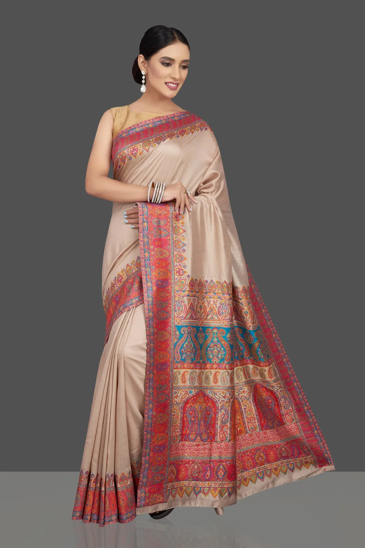 90K788-RO Cream Tussar Silk Saree with Kani Embroidery