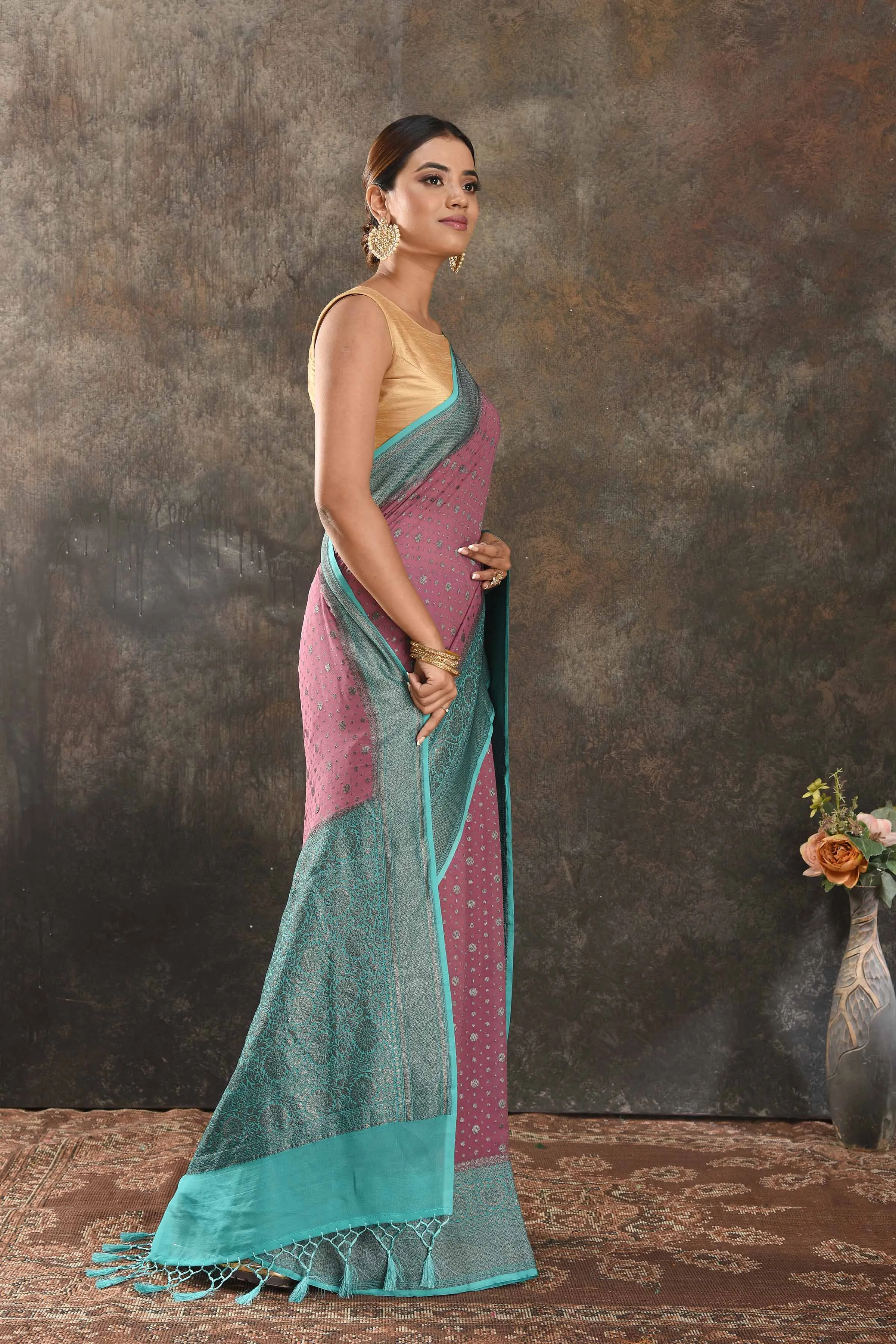 90N351-RO Pink Georgette Sari with Antique Zari Sea Green Border