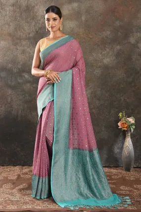 90N351-RO Pink Georgette Sari with Antique Zari Sea Green Border