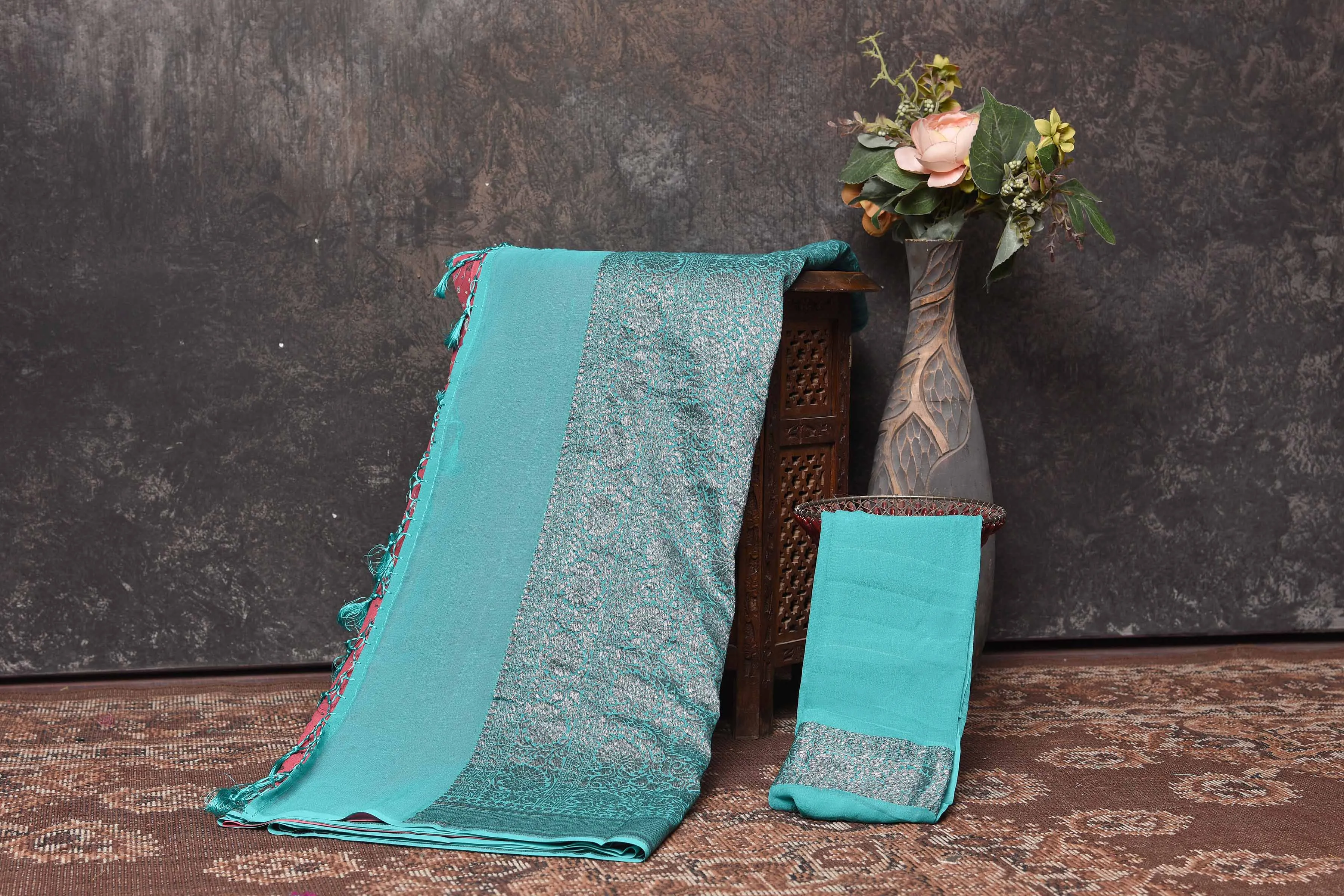 90N351-RO Pink Georgette Sari with Antique Zari Sea Green Border