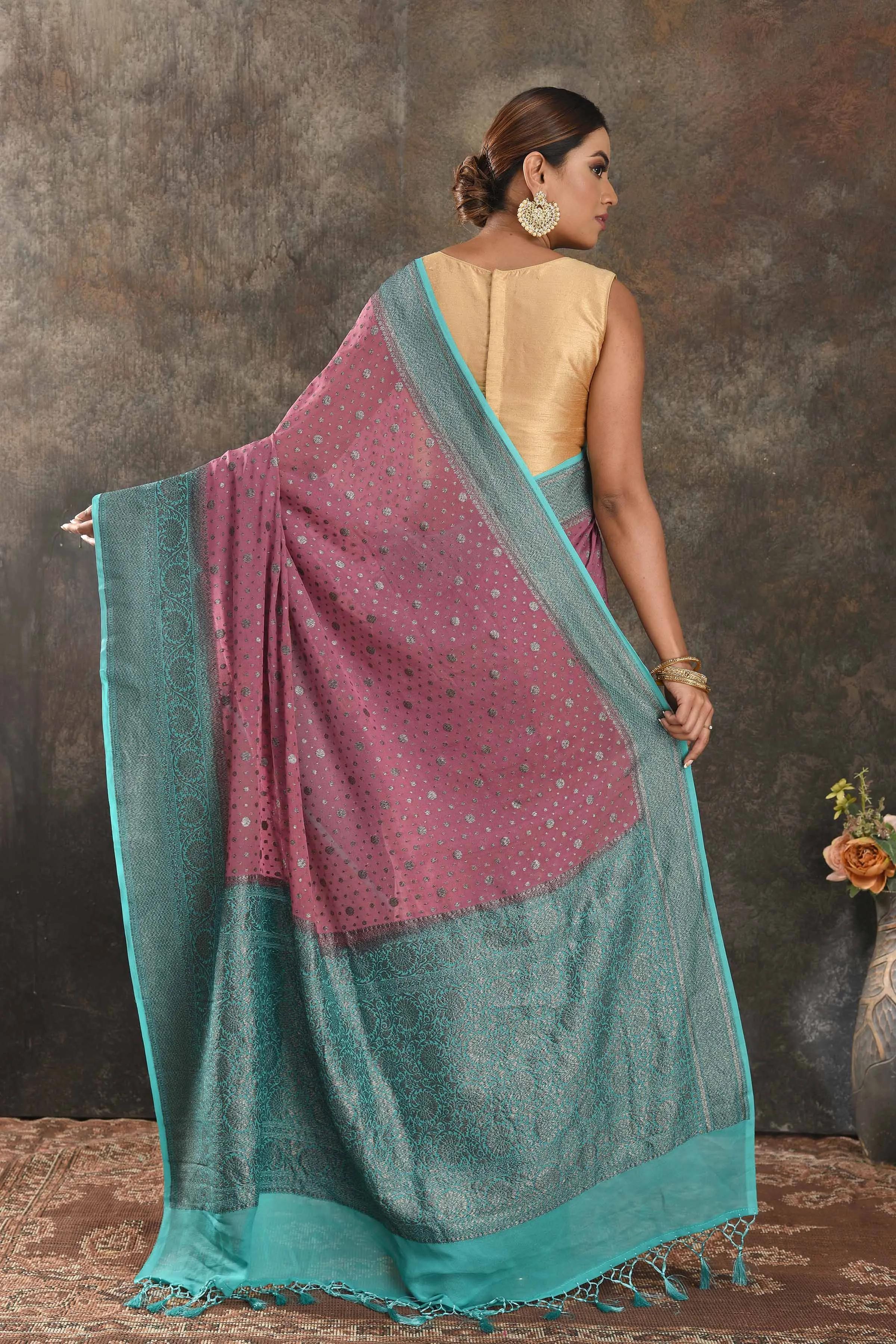 90N351-RO Pink Georgette Sari with Antique Zari Sea Green Border