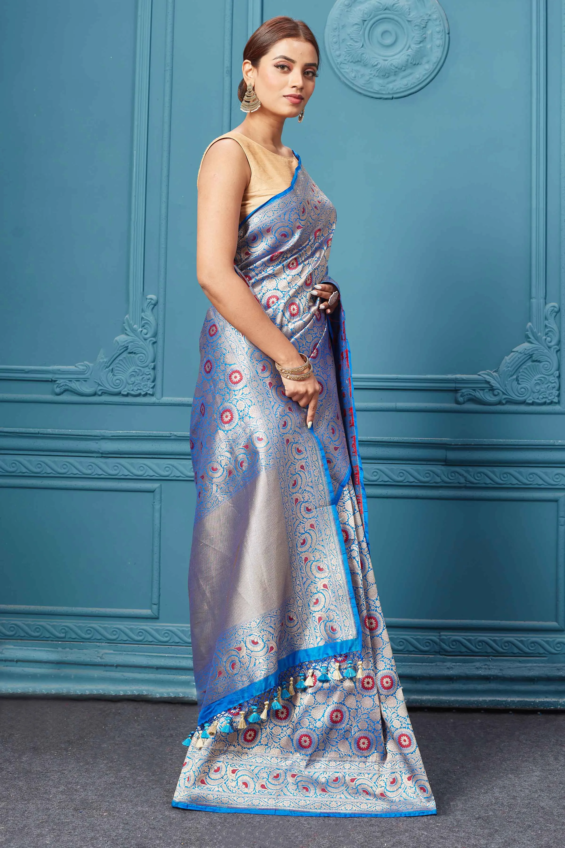 91A126 Light Blue Katan Silk Saree with Zari Minakari Jaal