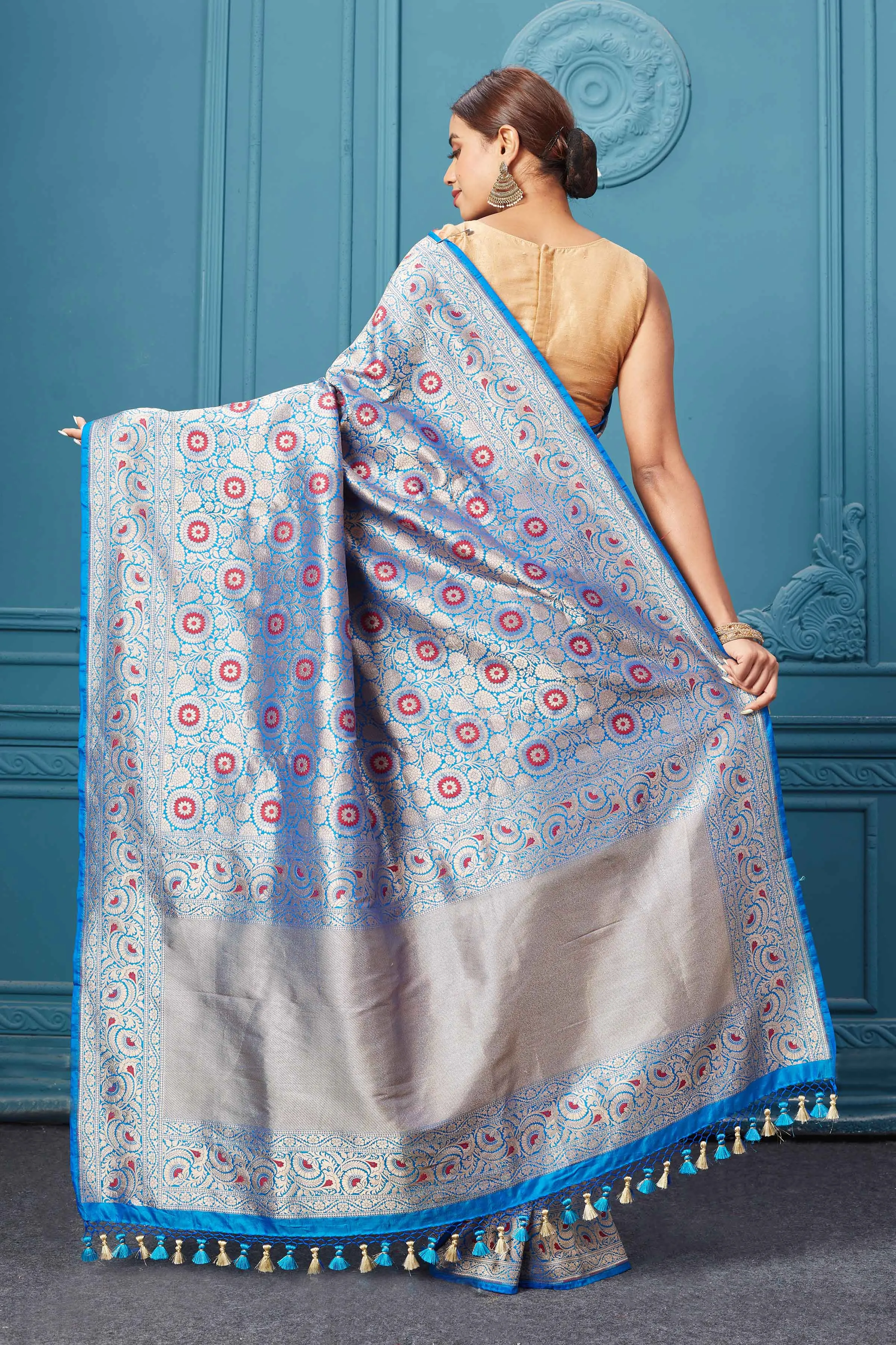 91A126 Light Blue Katan Silk Saree with Zari Minakari Jaal