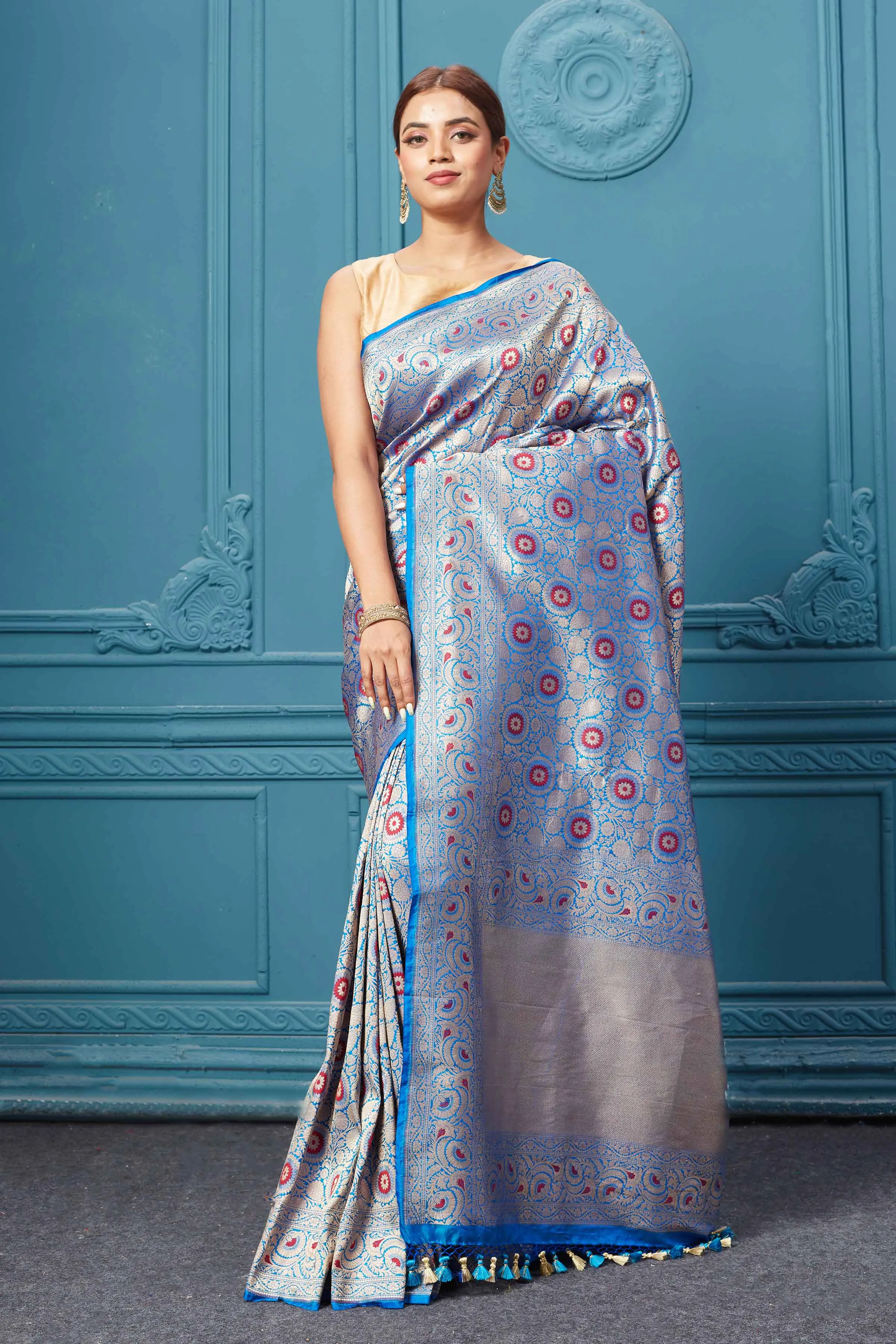 91A126 Light Blue Katan Silk Saree with Zari Minakari Jaal