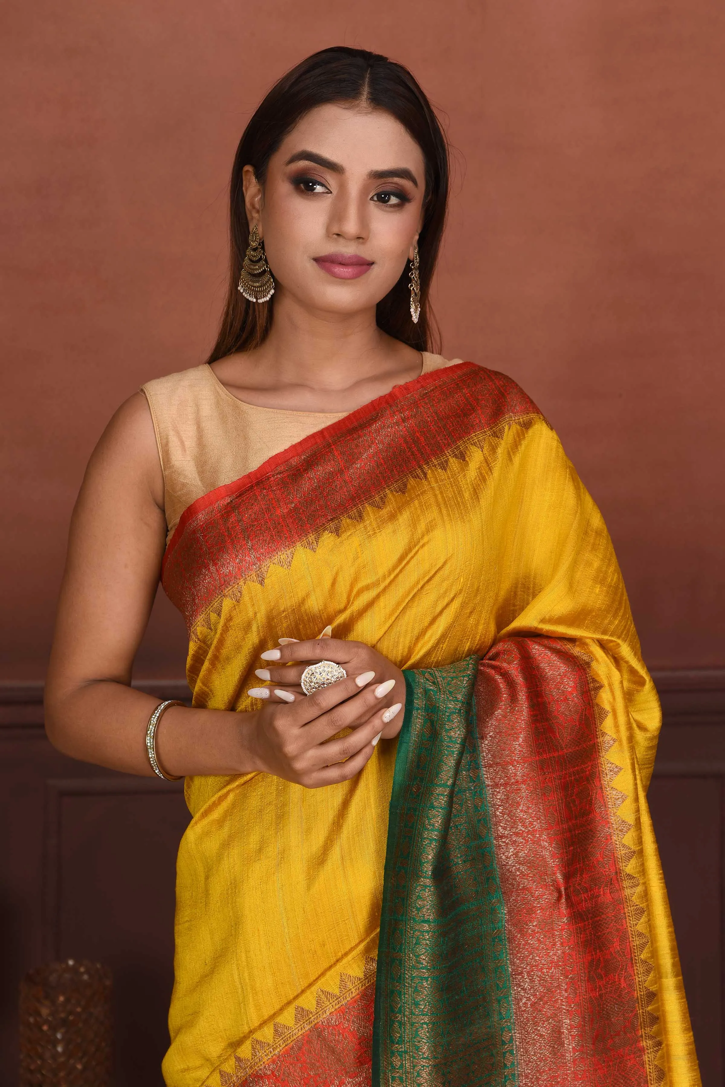 91A168-RO Yellow Tussar Banarasi Saree with Red Green Zari Border