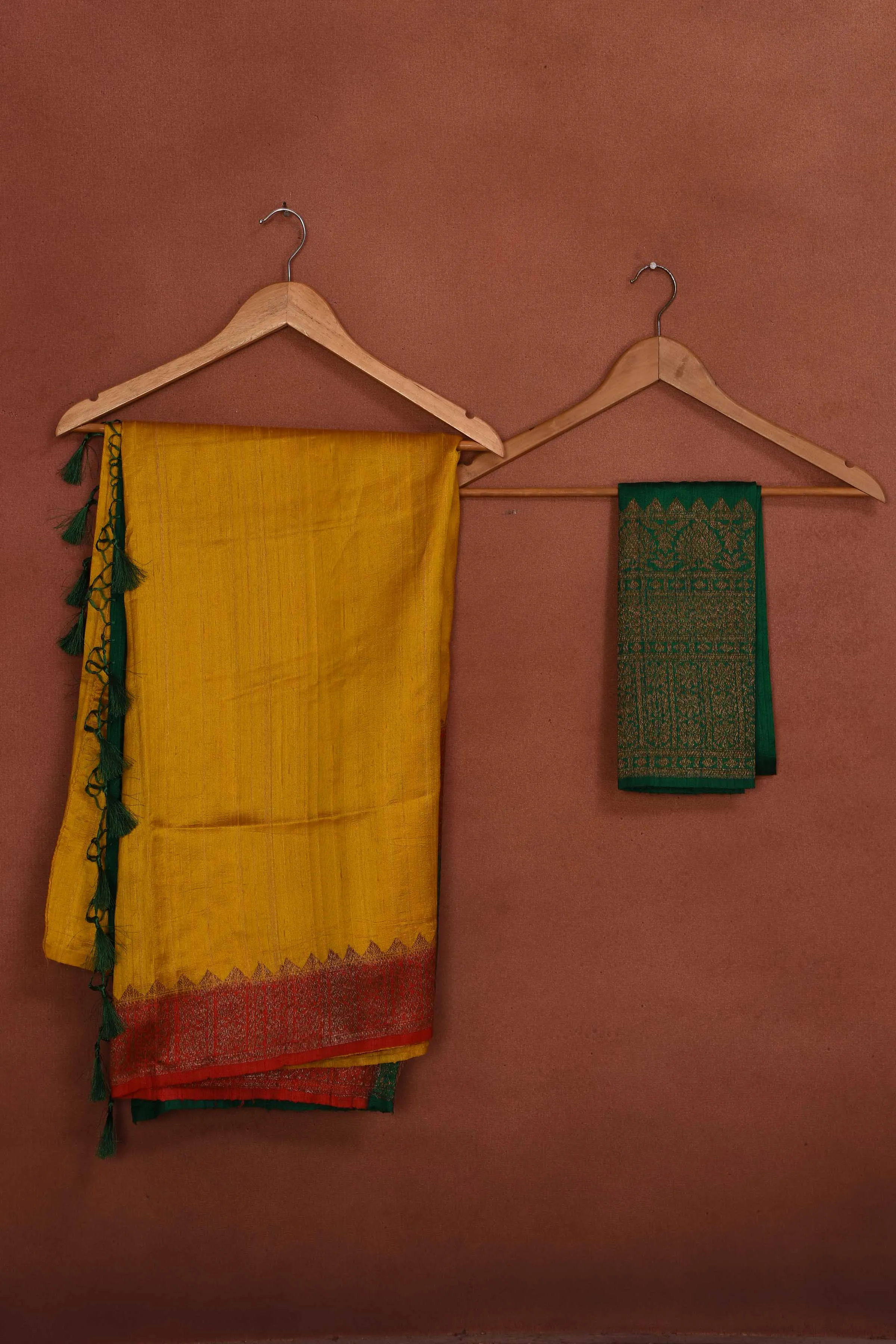 91A168-RO Yellow Tussar Banarasi Saree with Red Green Zari Border