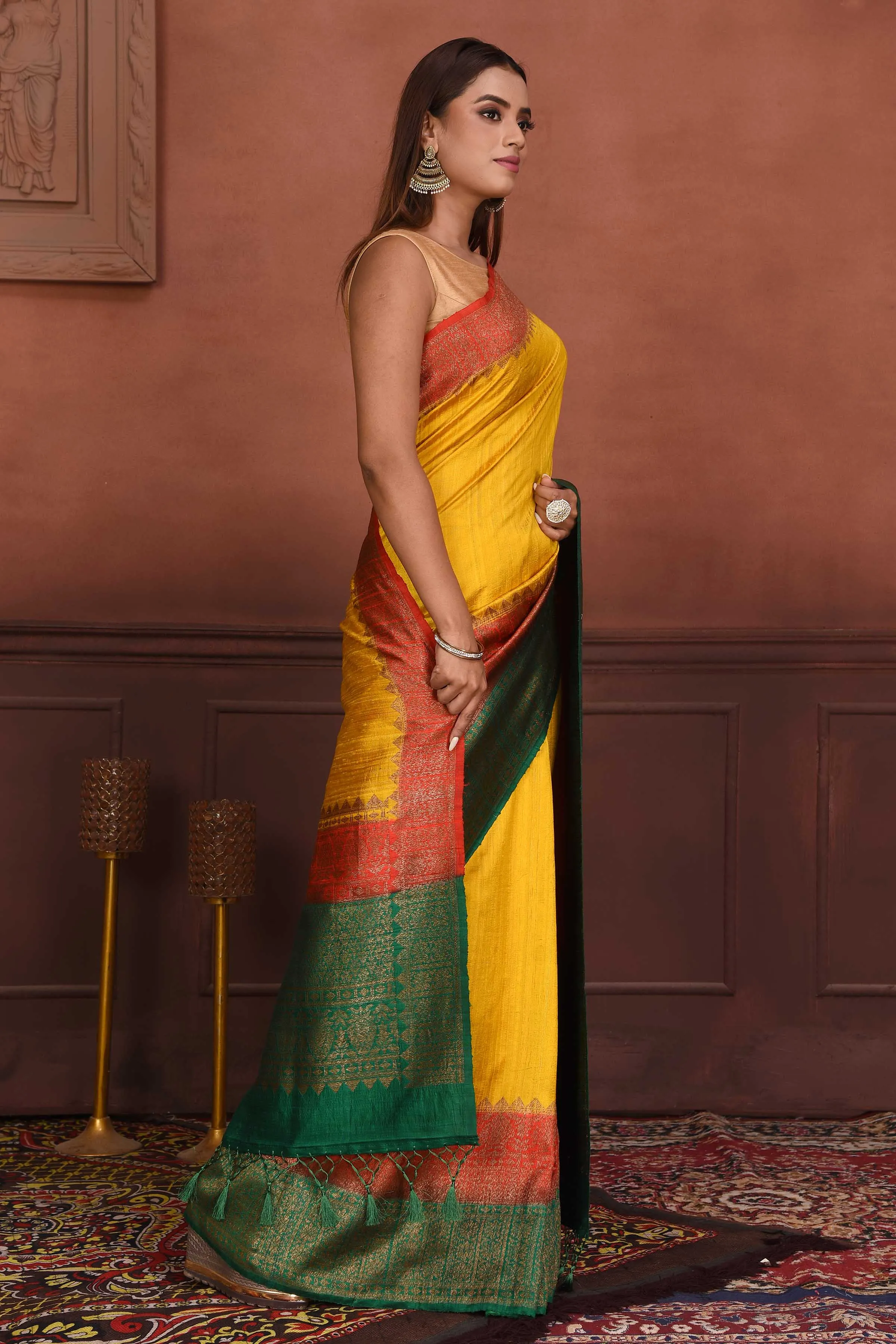 91A168-RO Yellow Tussar Banarasi Saree with Red Green Zari Border