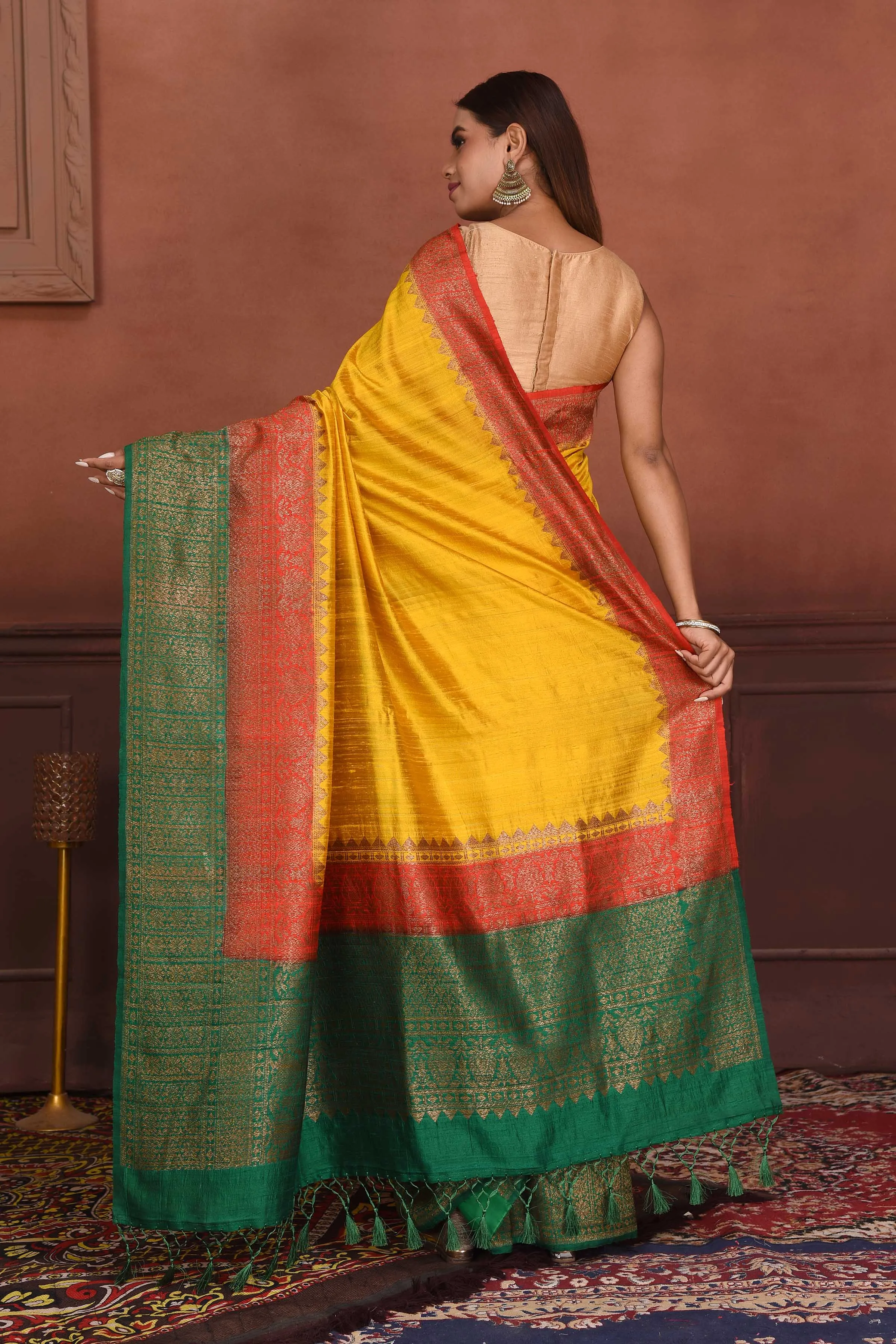 91A168-RO Yellow Tussar Banarasi Saree with Red Green Zari Border