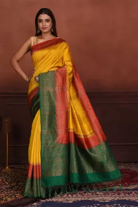 91A168-RO Yellow Tussar Banarasi Saree with Red Green Zari Border