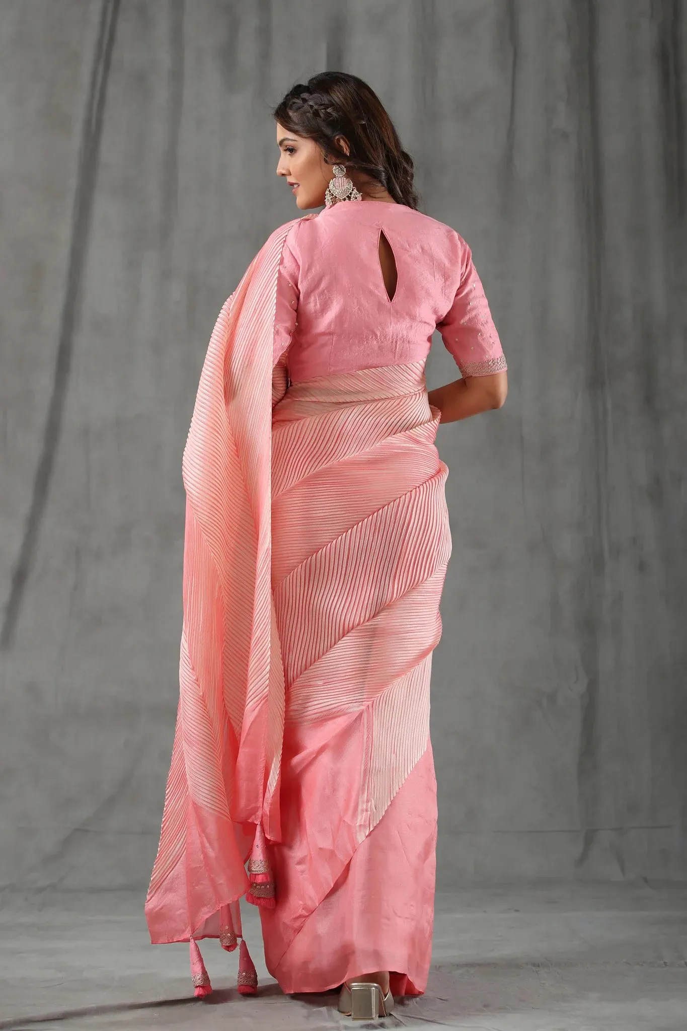 92A041 Light Pink Crushed Tissue Silk Saree With Blouse