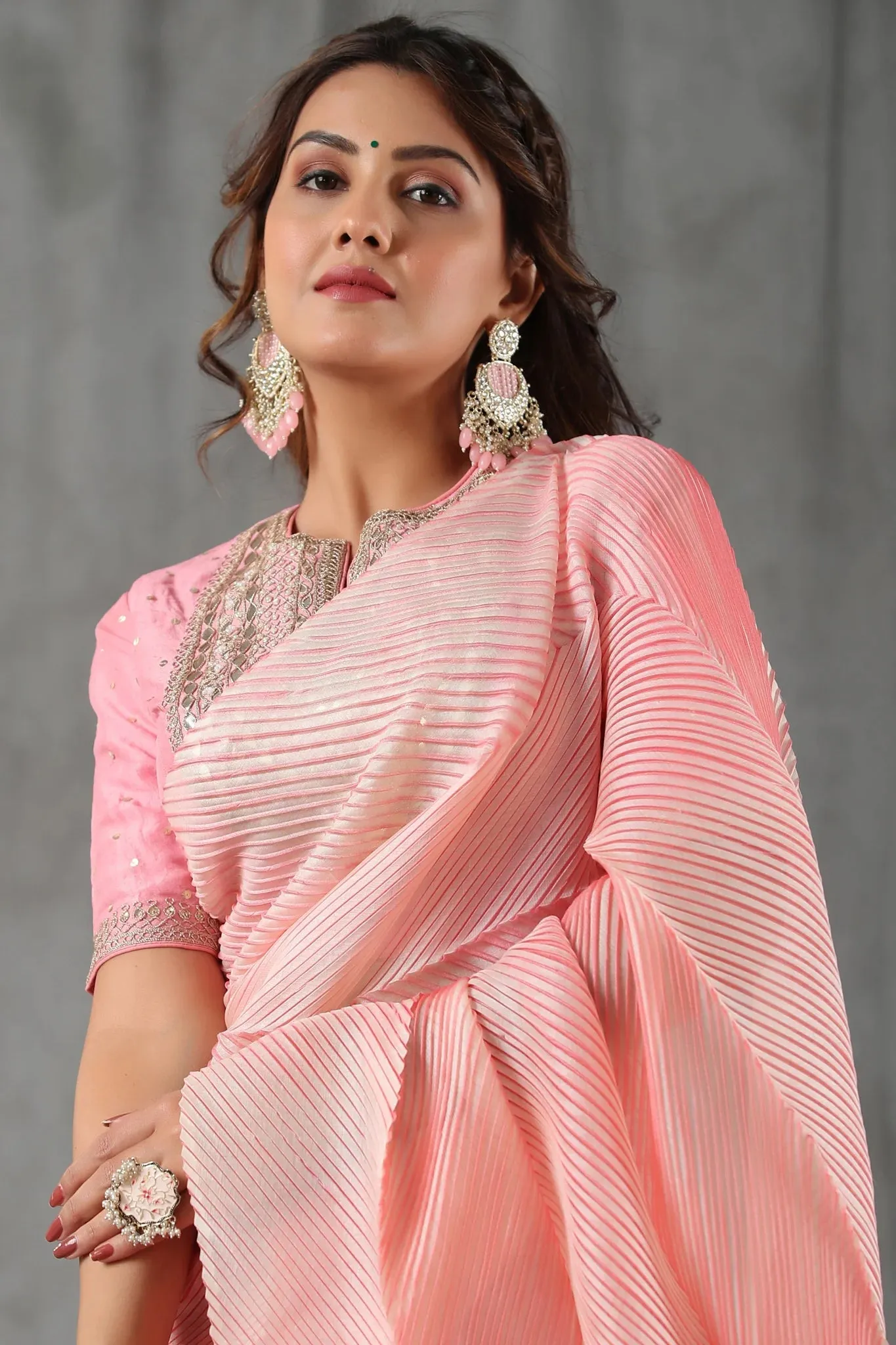 92A041 Light Pink Crushed Tissue Silk Saree With Blouse