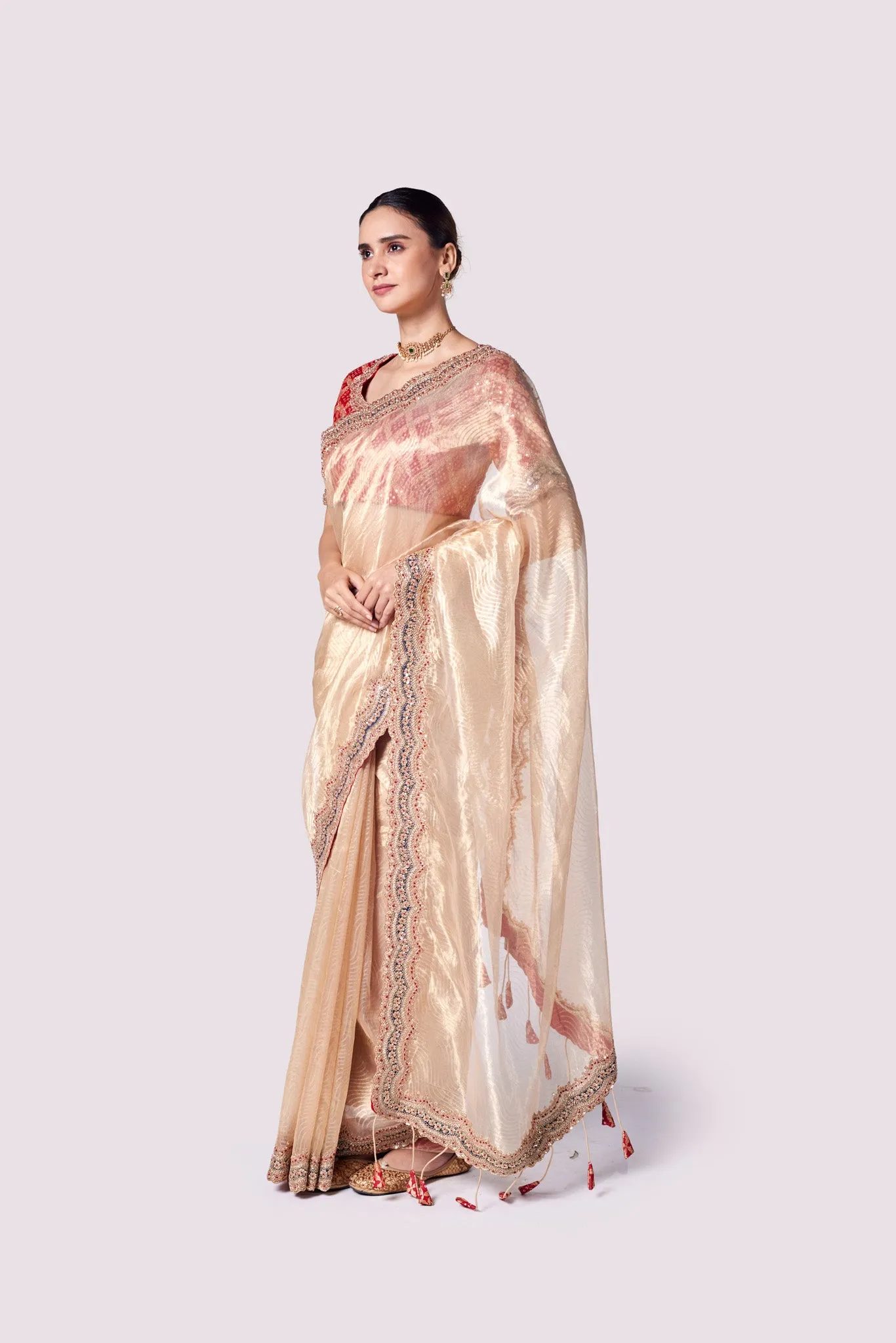 92A141 Golden Tissue Silk Saree with Red Embroidered Blouse