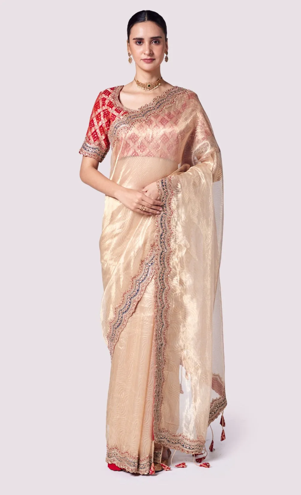 92A141 Golden Tissue Silk Saree with Red Embroidered Blouse