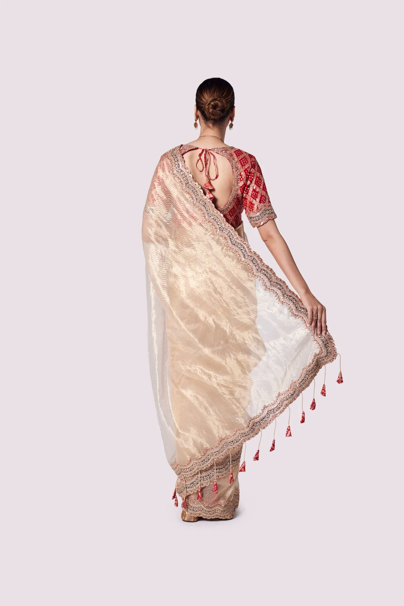 92A141 Golden Tissue Silk Saree with Red Embroidered Blouse