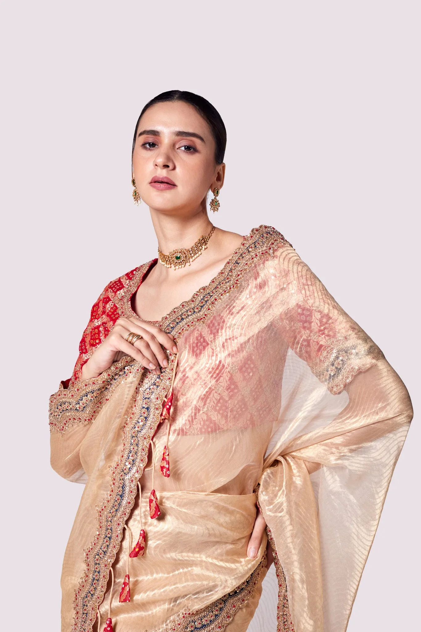 92A141 Golden Tissue Silk Saree with Red Embroidered Blouse