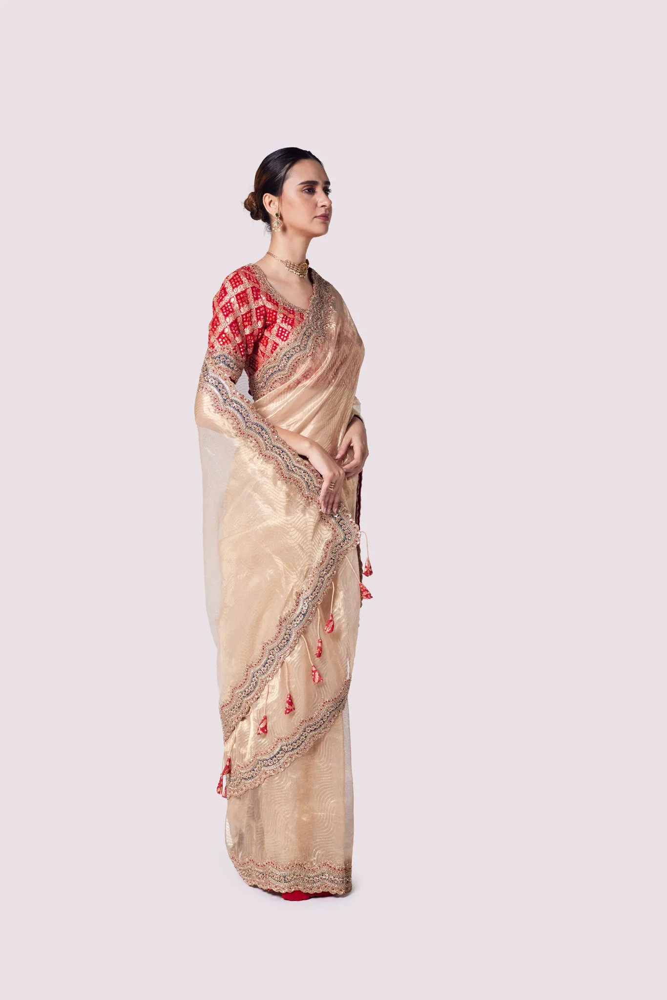 92A141 Golden Tissue Silk Saree with Red Embroidered Blouse