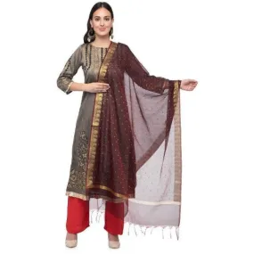 A R Silk Women's Chanderi Zari Embroidery Wine Regular Dupatta