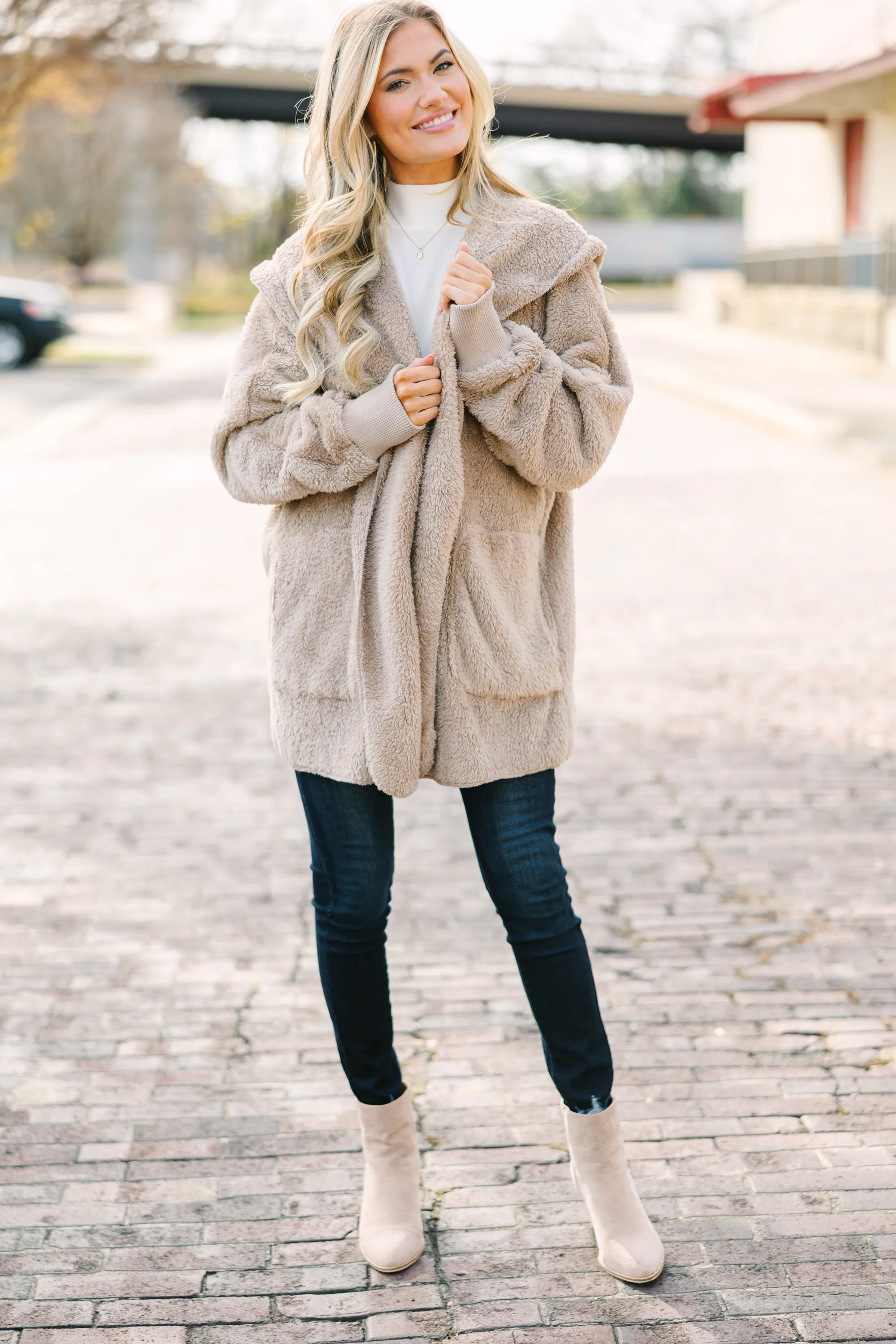 All An Act Taupe Brown Faux Fur Jacket