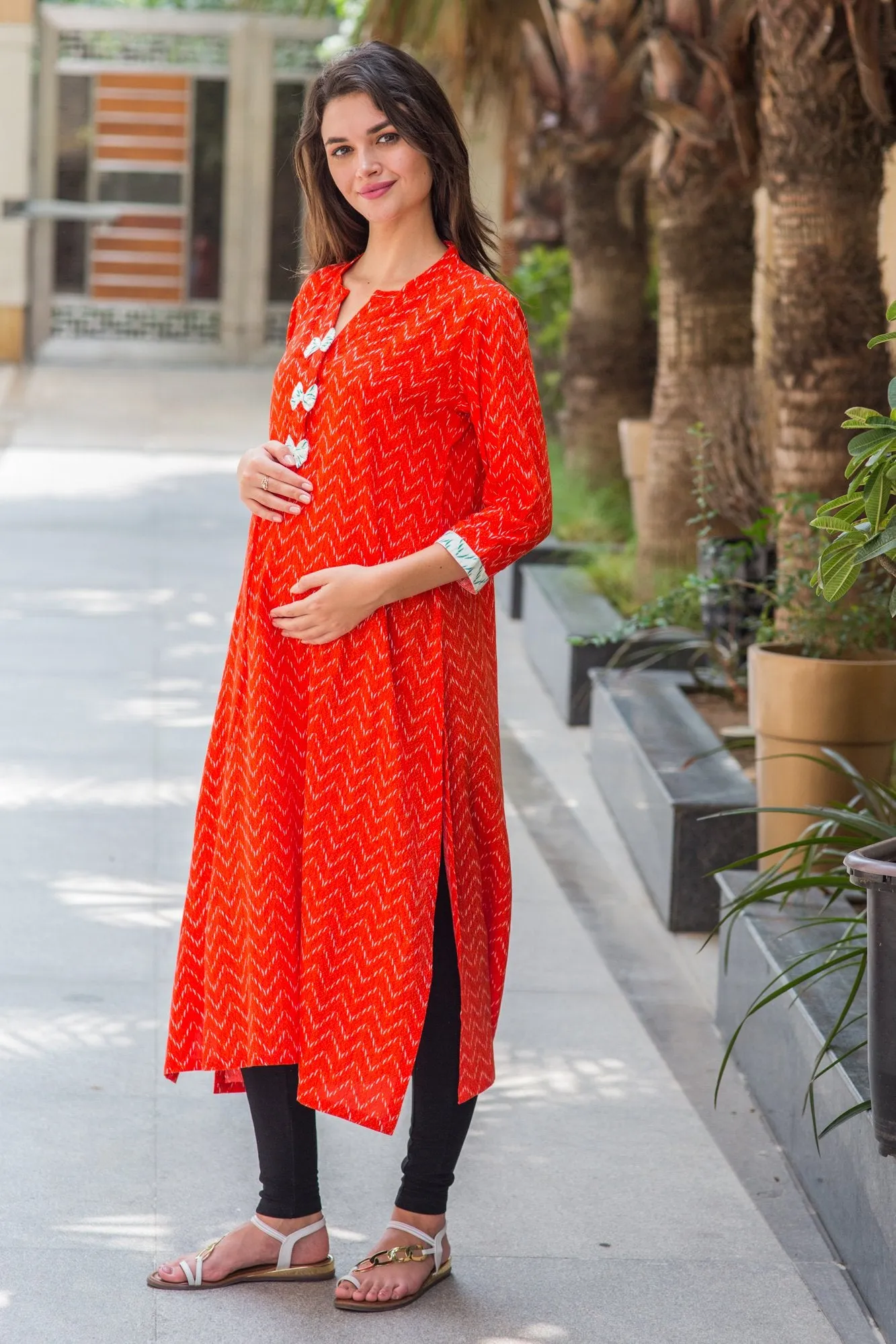 Apricot Orange Patterned Maternity & Nursing Kurta