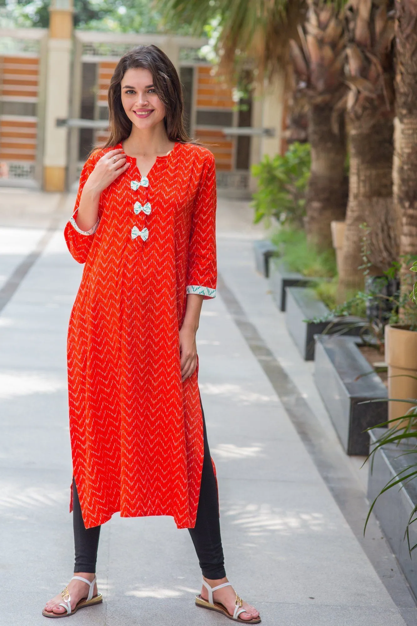 Apricot Orange Patterned Maternity & Nursing Kurta