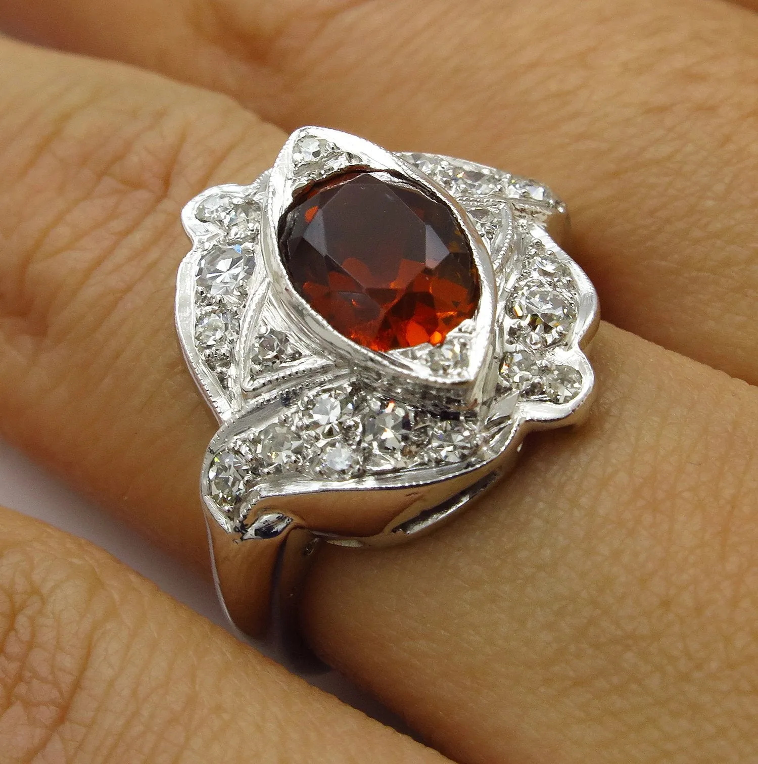 Art Deco 2.43ct Old European Antique Vintage Madeira Citrine and Diamond Platinum Ring