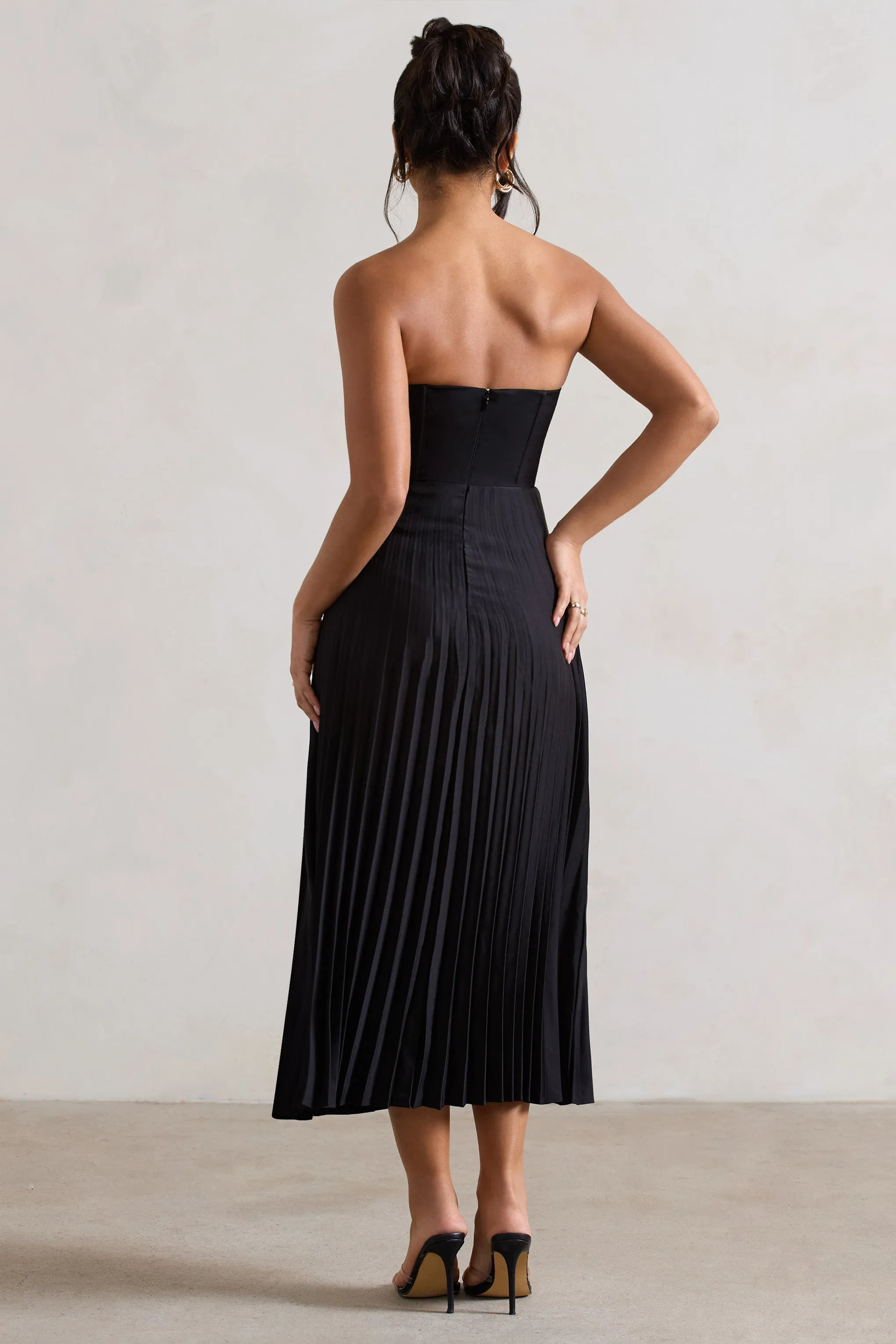 Bordeaux | Black Satin Corset Style Midi Dress