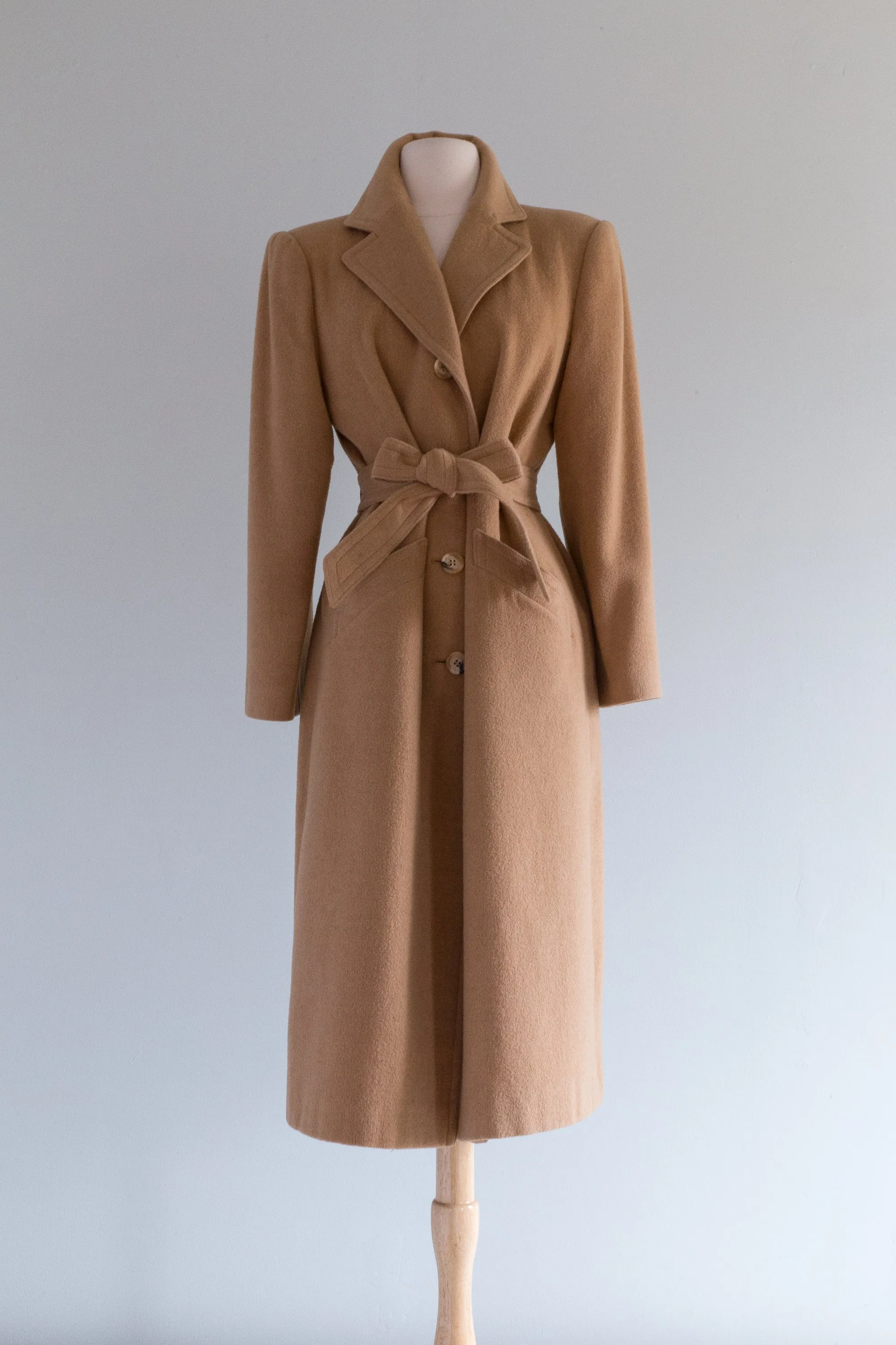 Classic Chic Vintage Long Line Camel Hair Coat With Belt / Medium