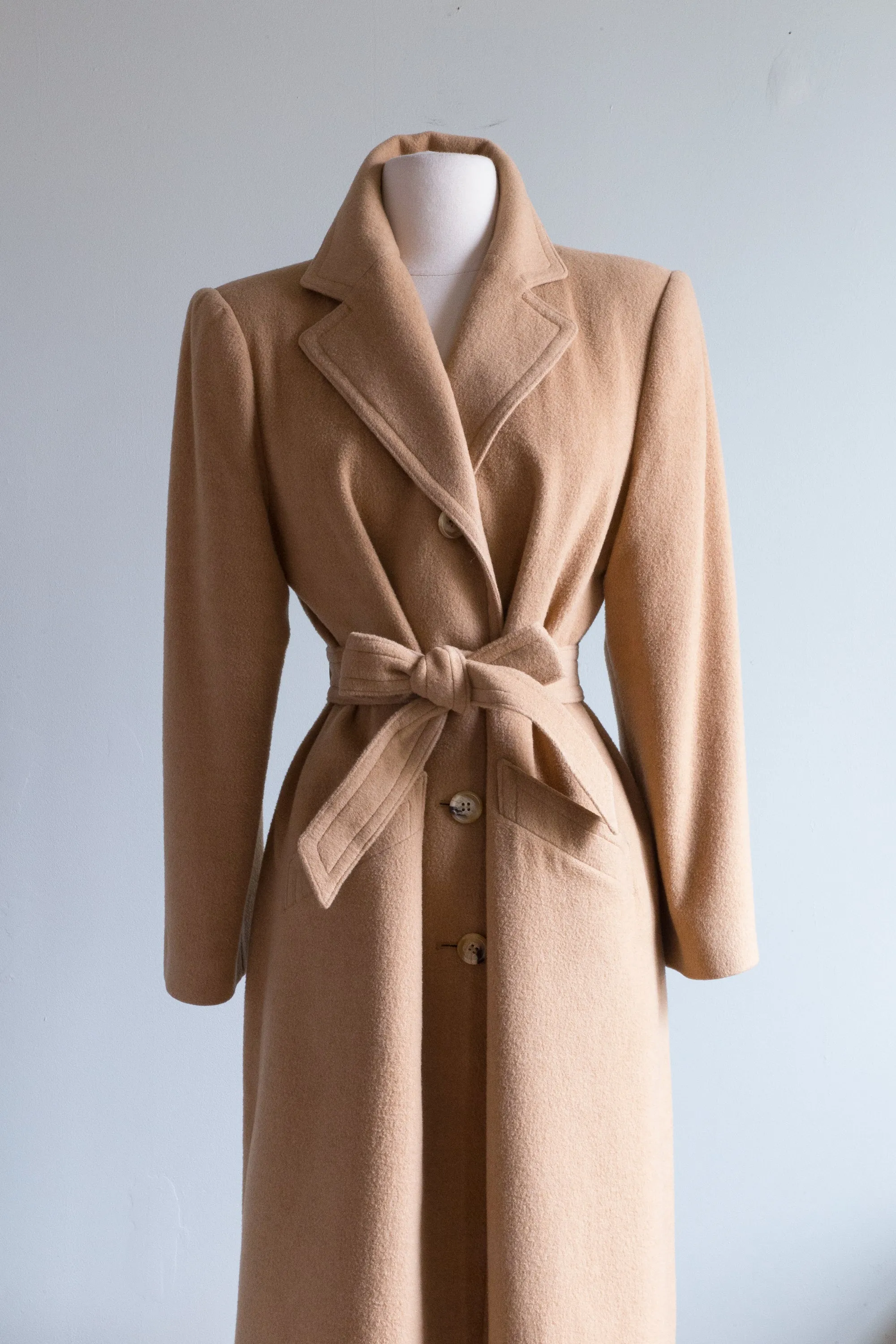 Classic Chic Vintage Long Line Camel Hair Coat With Belt / Medium