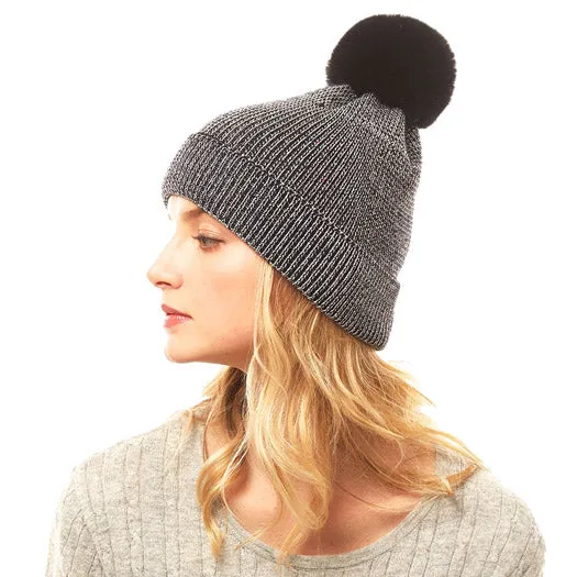 Cozy Metallic Thread Pom Pom Beanie Hat