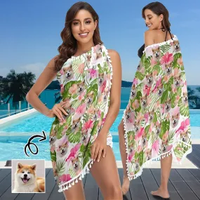 Custom Pet Face Leaves And Flowers Beach Wraps Chiffon Sarong Bikini Swimsuit Cover Ups Skirt Tassels