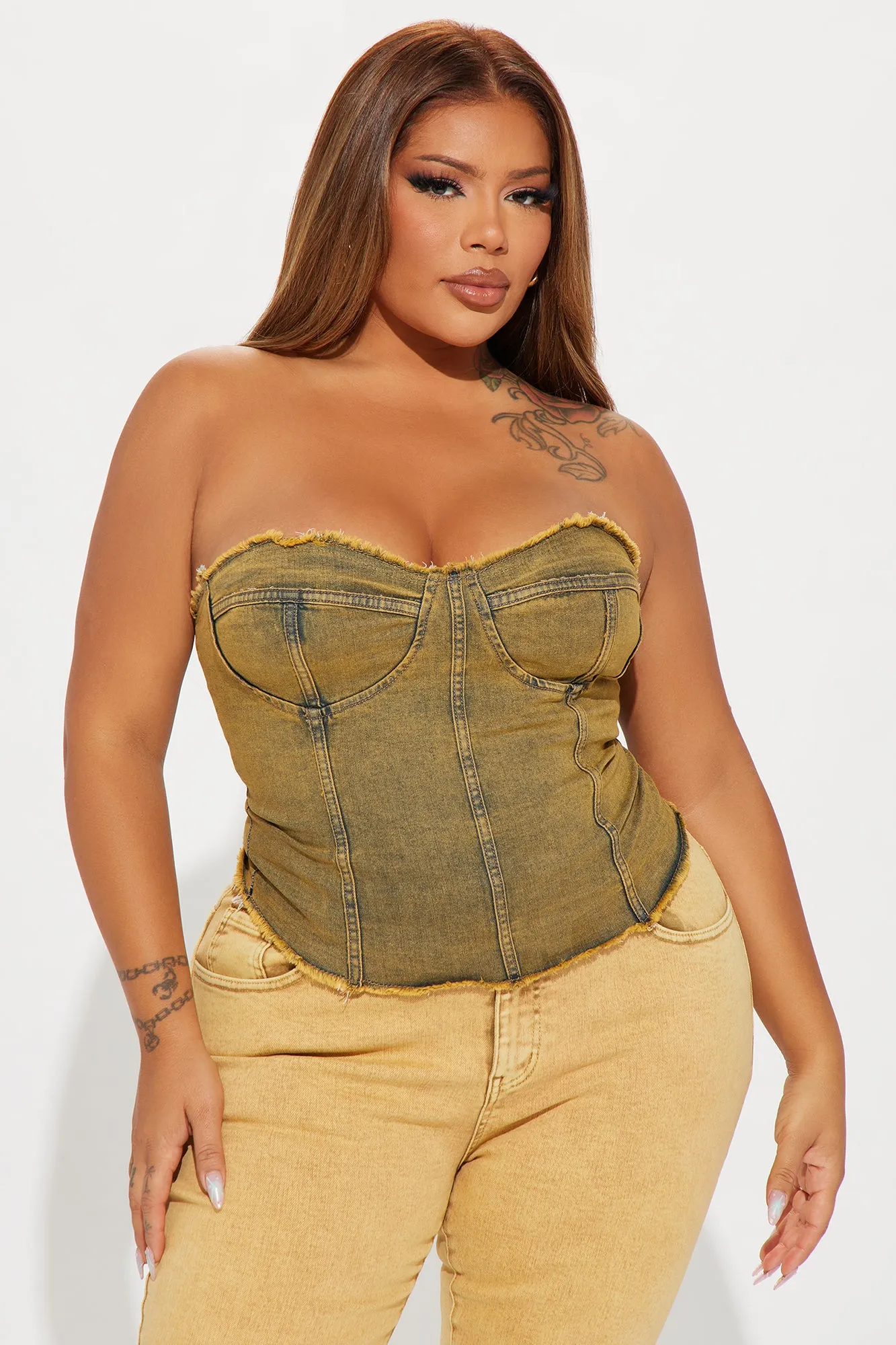 Doing It All Washed Denim Corset Top - Brown/combo