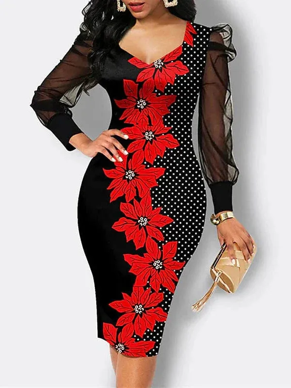 Elegant Floral Black Pink Red Midi Sheath Dress