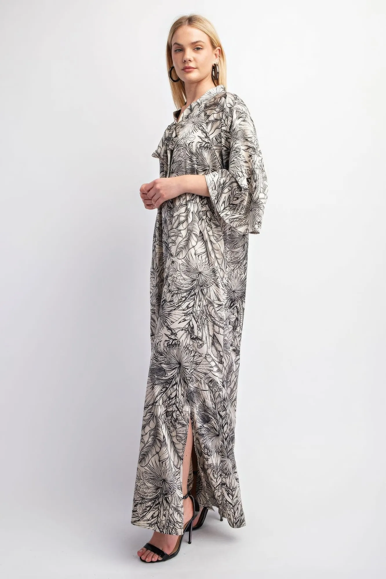 Elegant Print Satin Maxi Dress With Tie Neck