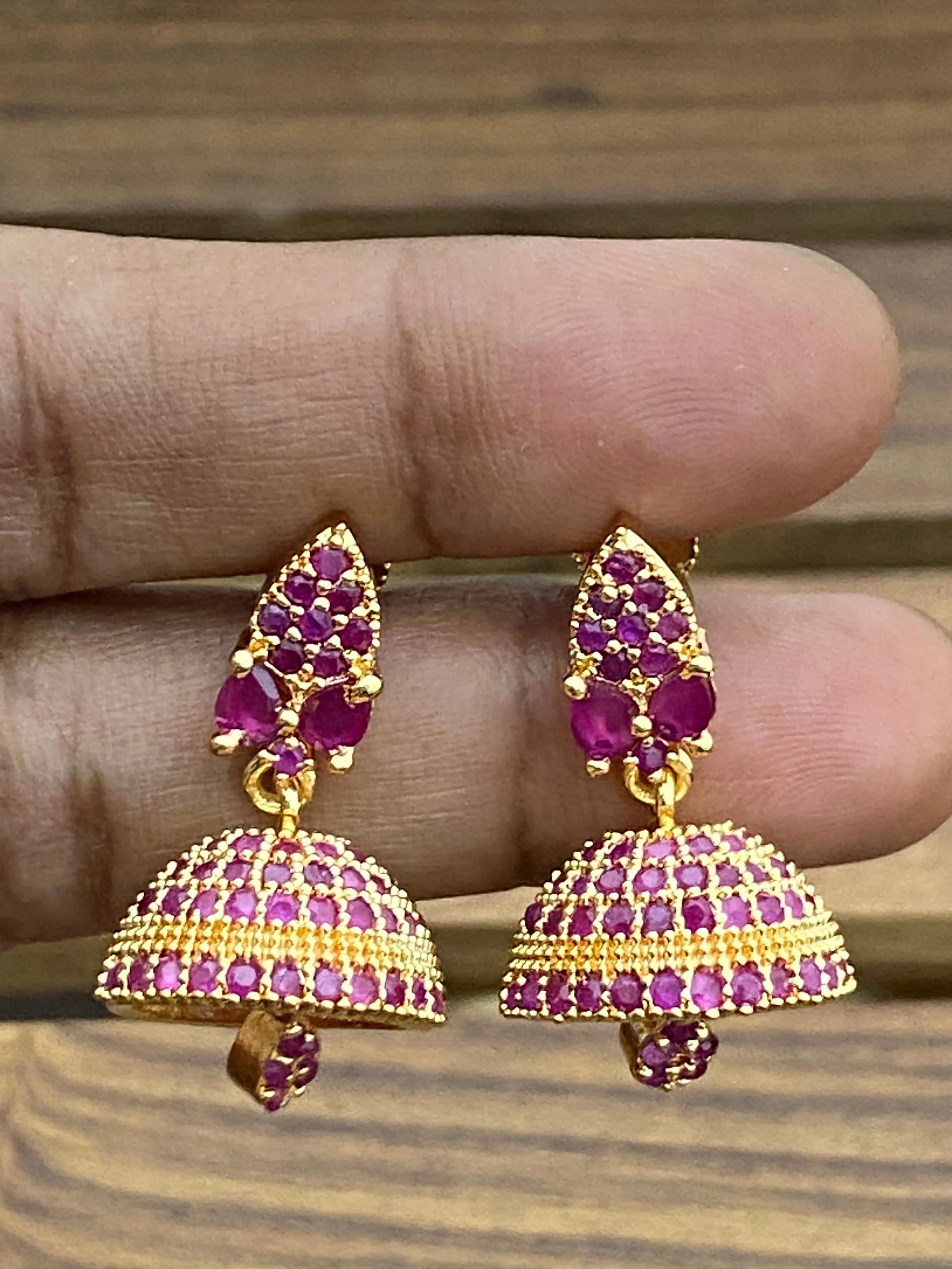 Elegant Ruby Stoned Gold Plated Jhumka Earrings