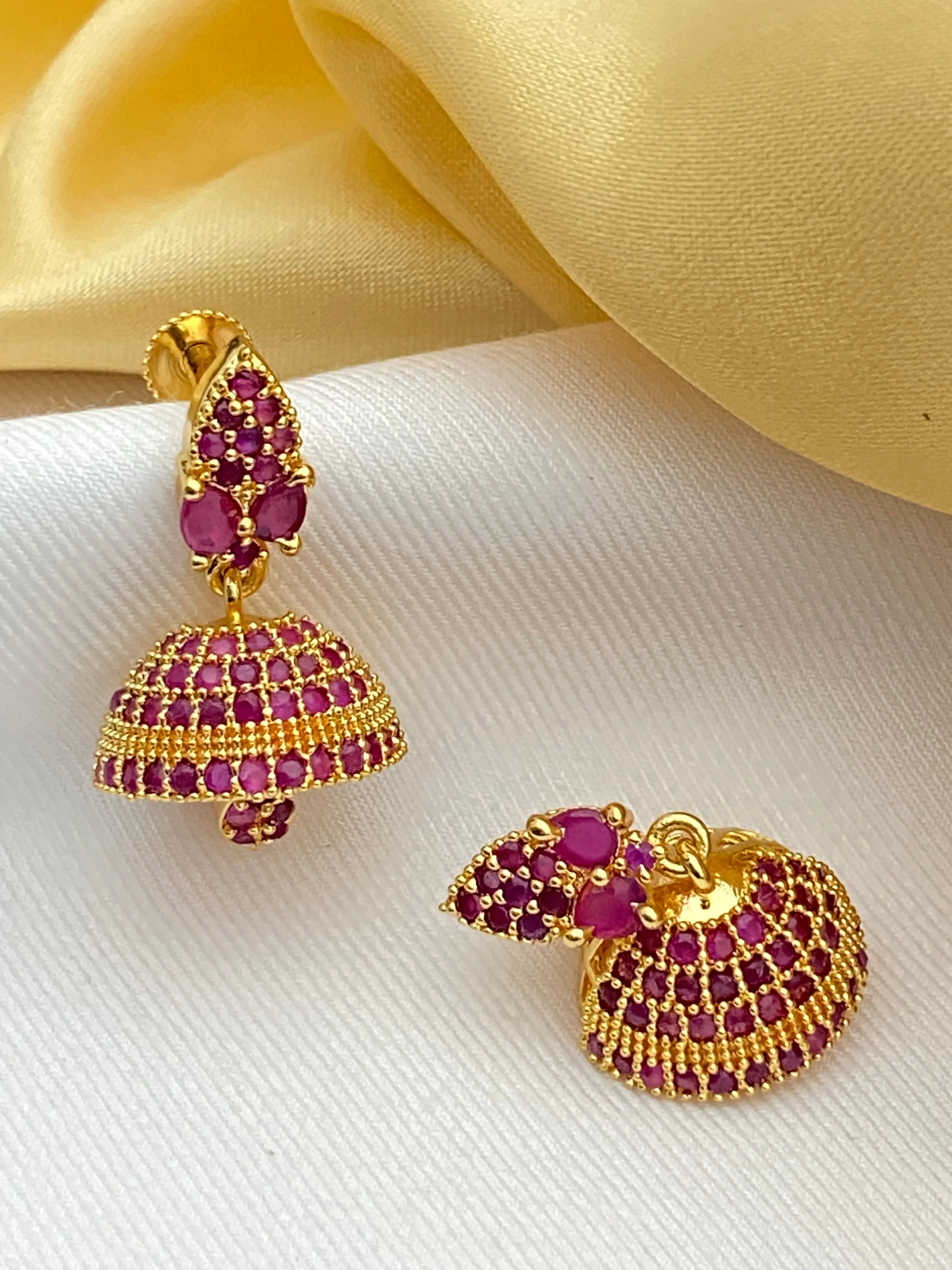 Elegant Ruby Stoned Gold Plated Jhumka Earrings