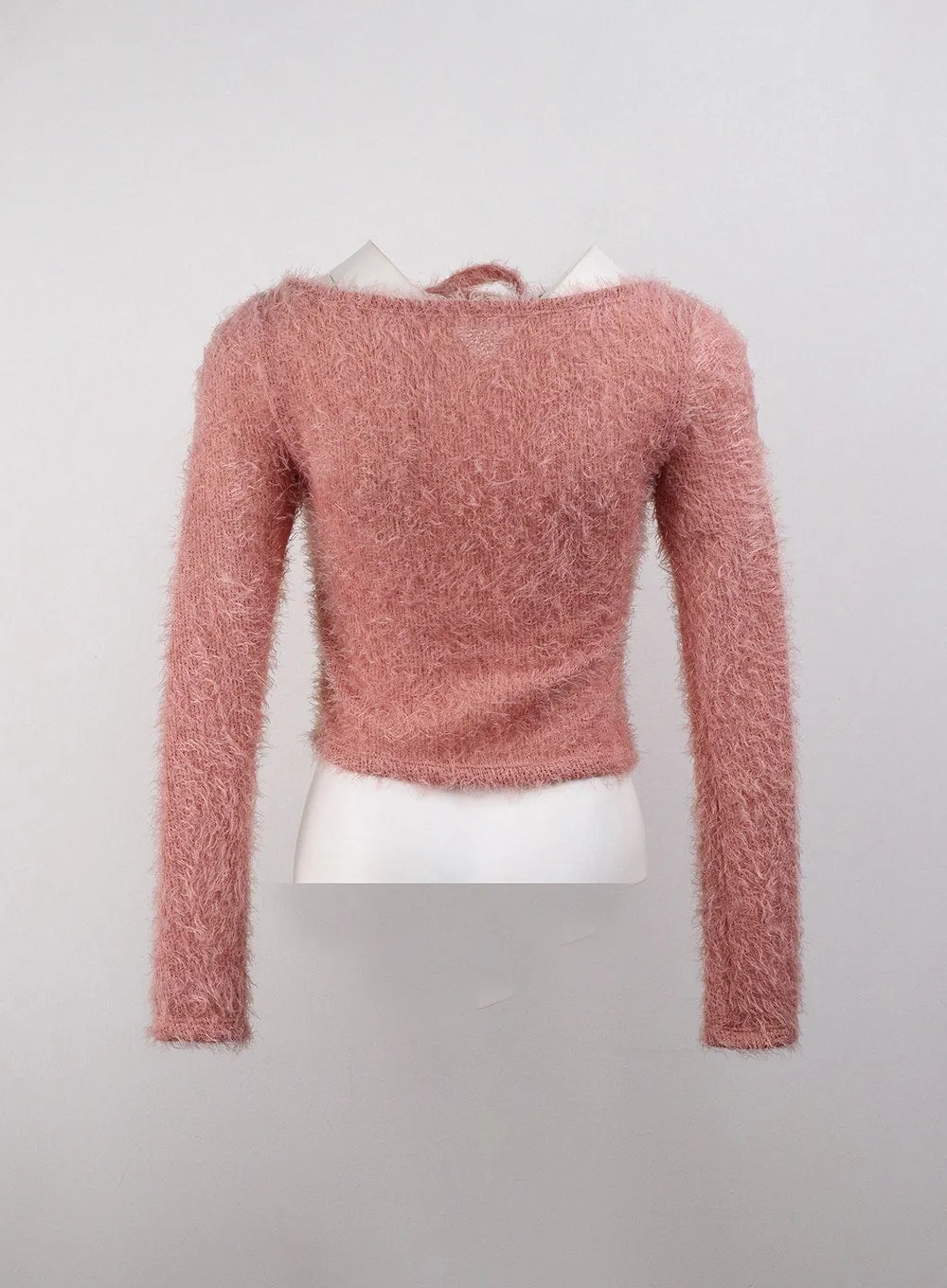 Fuzzy Soft Halter String Solid Knitted Long Sleeve Top CJ409