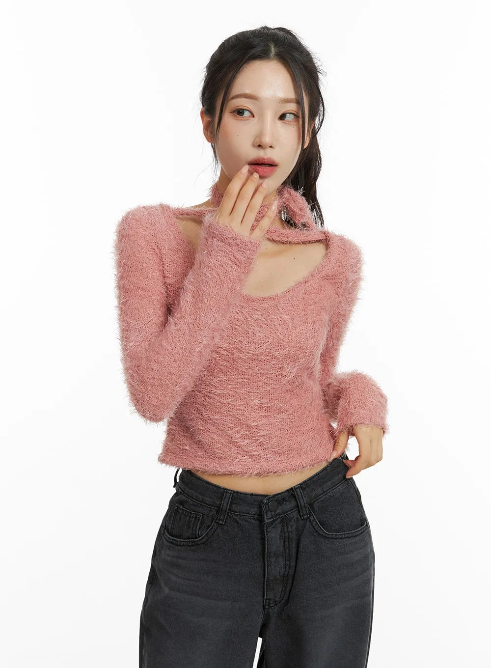 Fuzzy Soft Halter String Solid Knitted Long Sleeve Top CJ409