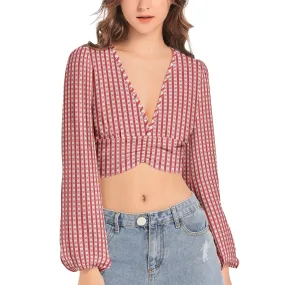 Gingham Striped Women's Deep V-Neck Lantern Sleeve Crop Top